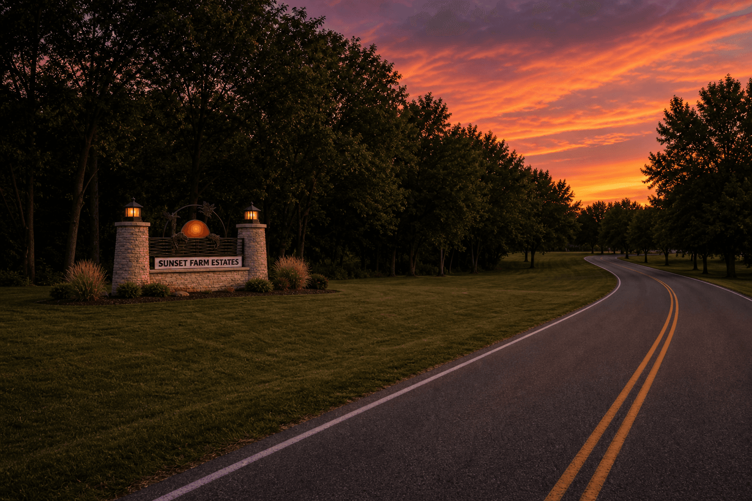 Sunset Farm Estates entry monument in the north easement beside the Woodland Road entrance