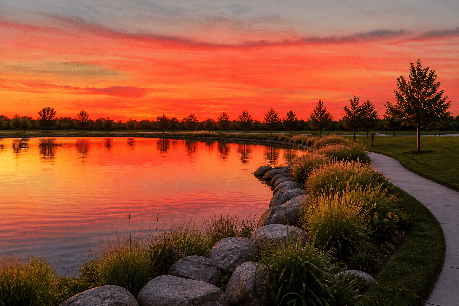 Sunset reflected on the community pond beside the walking trail
