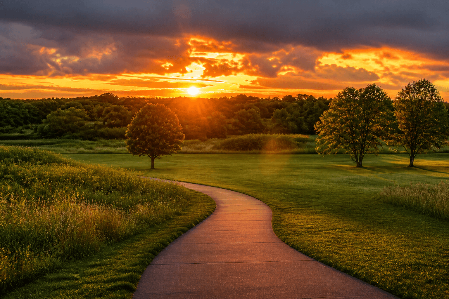 Walking trail winding through prairie meadow under a dramatic sunset
