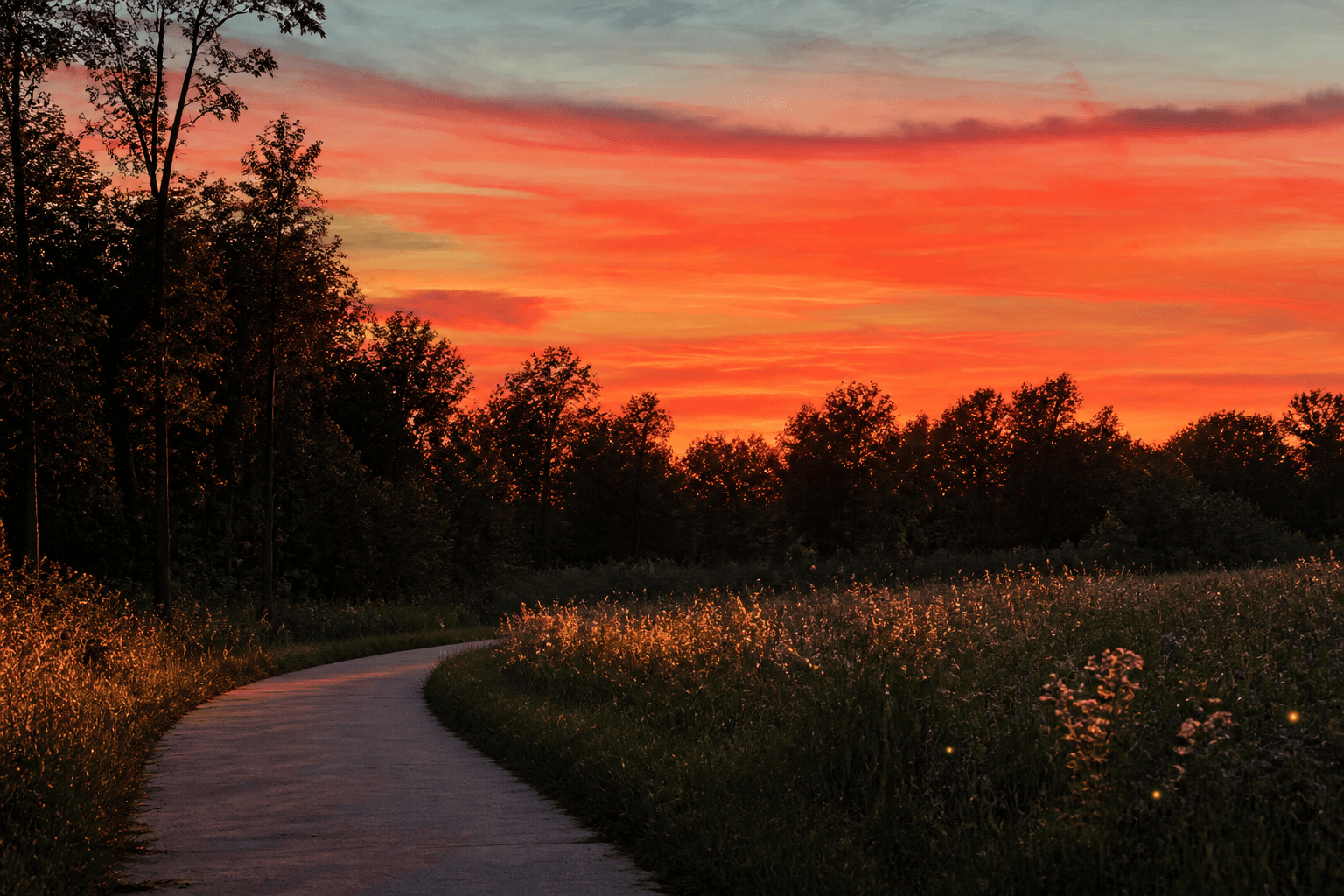 Trail along the wooded east property line at dusk