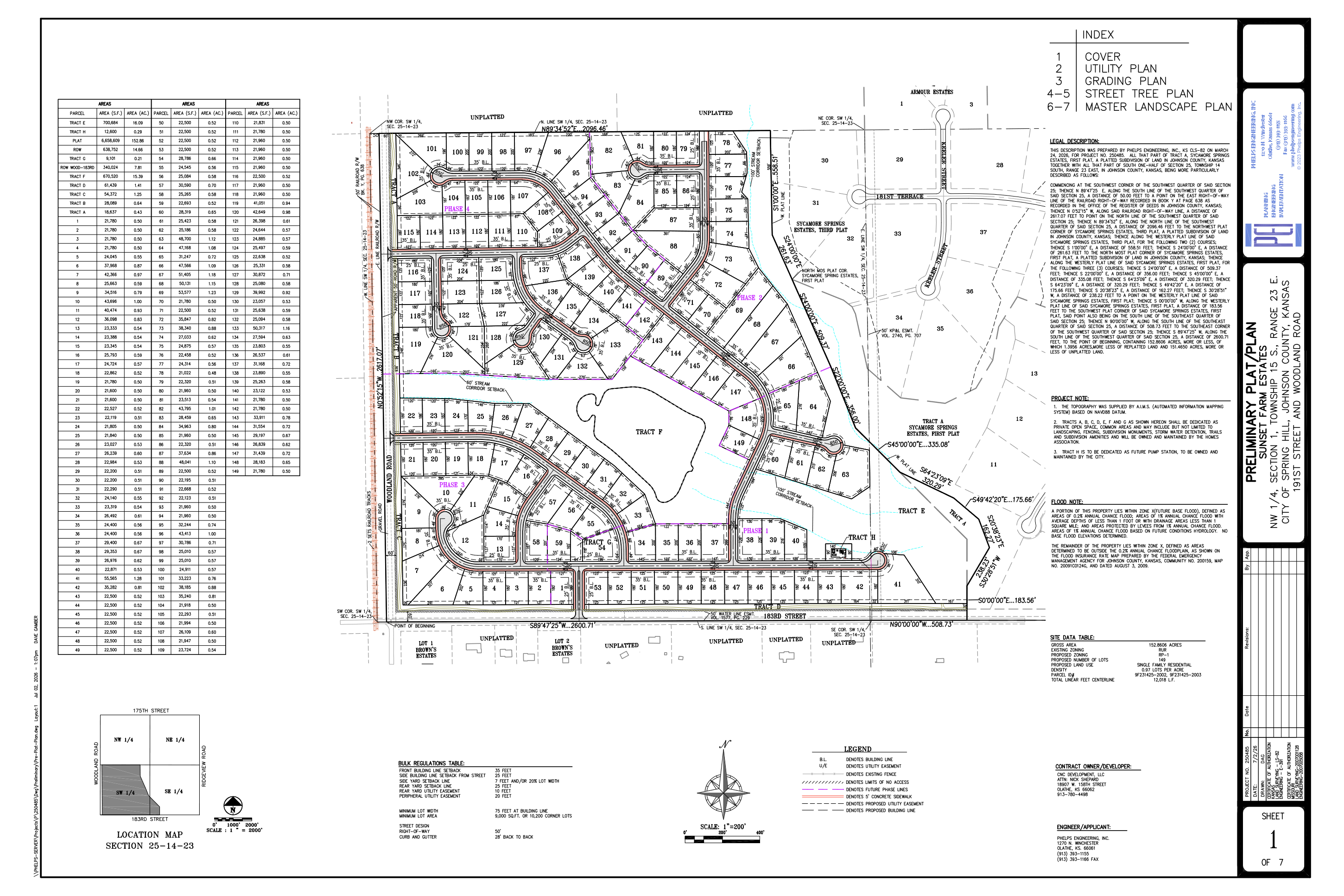 Sunset Farm Estates engineered preliminary plat showing all 149 estate homesites, streets, tracts, and the central pond